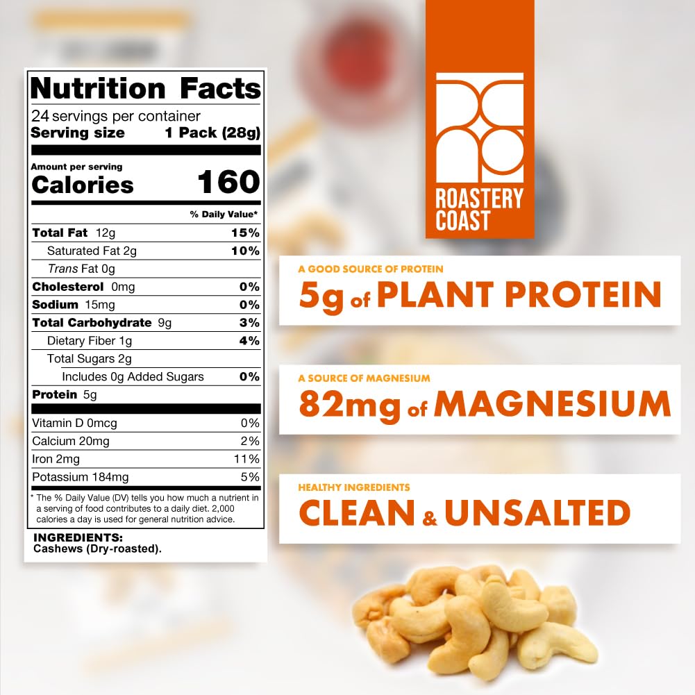 Roastery Coast small-batch roasted unsalted cashews deliver a richer, toasty bite