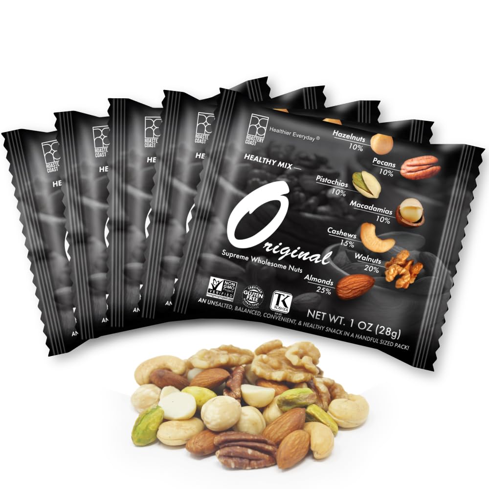 Roastery Coast packaging close-up of mixed nuts, ideal for on-the-go snacking.