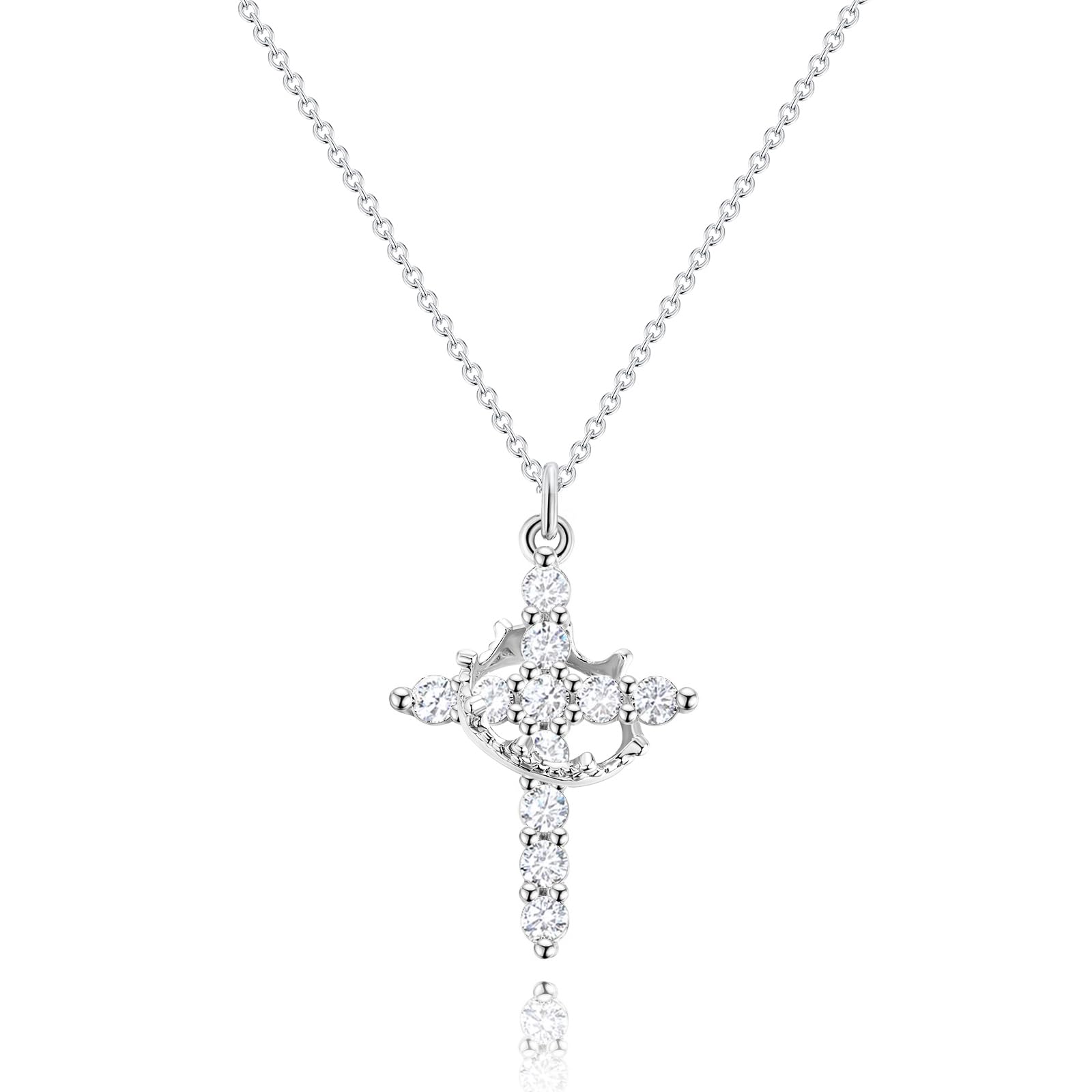 Robaice Silver Cross Necklace with crown pendant for everyday elegance.