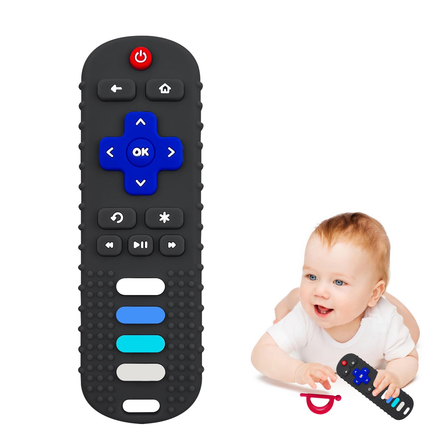 ROBBEAR remote teether closeup textures soothe tender gums.