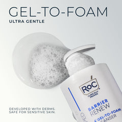 RoC Barrier Renew bottle with lather shows non-drying foaming cleanse.