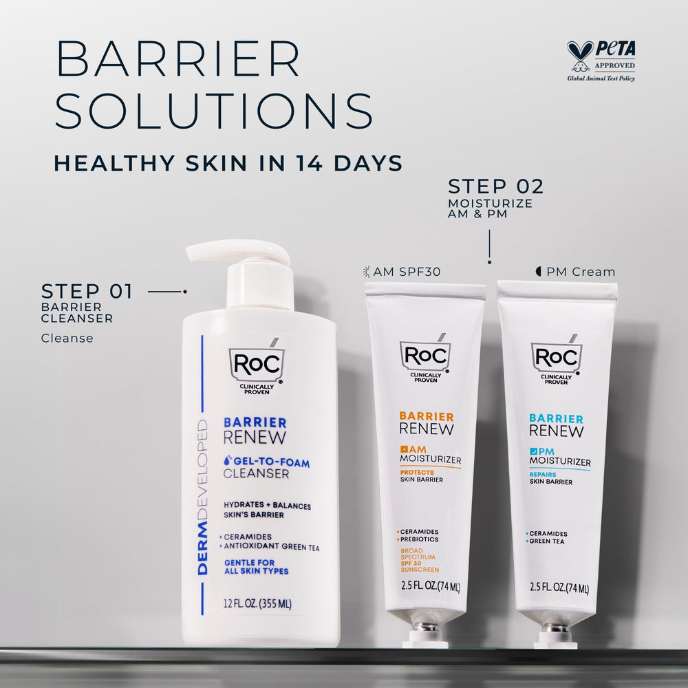 RoC Barrier Renew Day Cream SPF 30 on bathroom shelf ready for routine