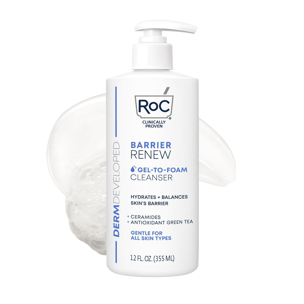 RoC Barrier Renew gel-to-foam cleanser bottle demonstrating hydrating cleansing.