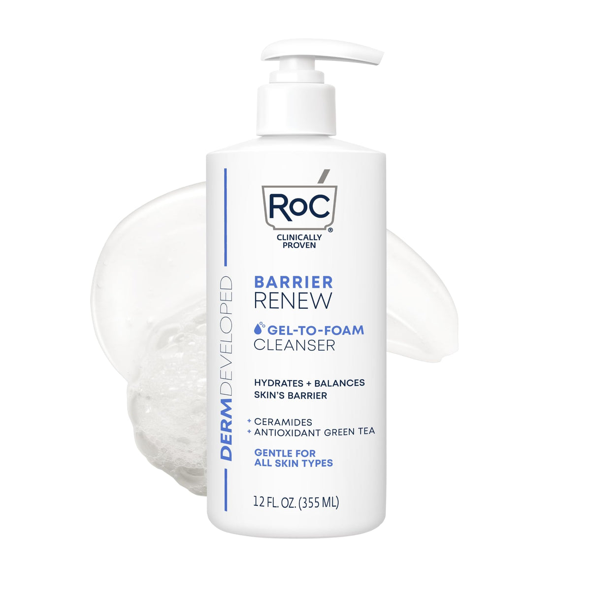 RoC Barrier Renew gel-to-foam cleanser bottle demonstrating hydrating cleansing.