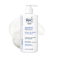 RoC Barrier Renew gel-to-foam cleanser bottle demonstrating hydrating cleansing.