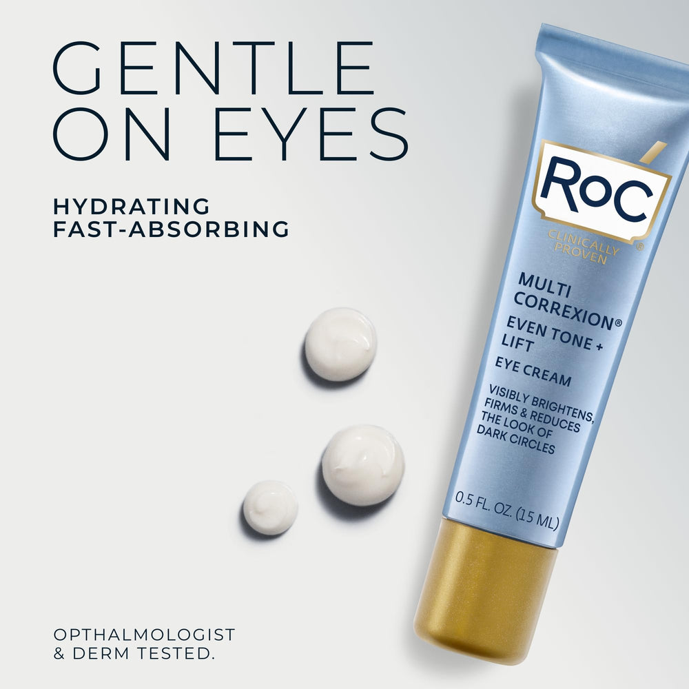 RoC eye care application close-up with fingertip for even coverage.