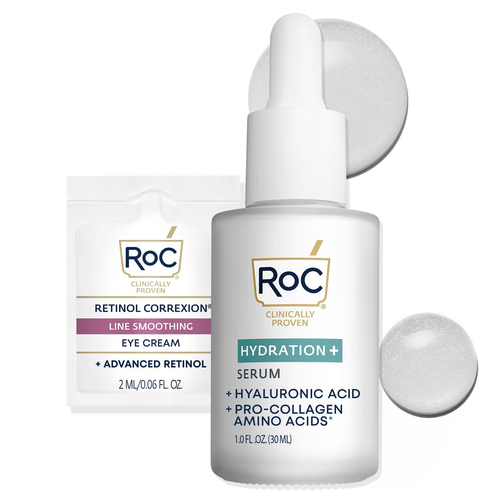 RoC Hydration+ Serum bottle close-up showing fragrance-free, lightweight hydration.