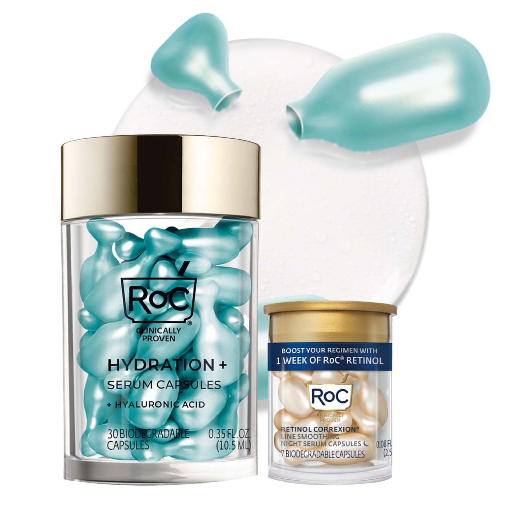 RoC Multi Correxion Hyaluronic Night Serum Capsules bottle close-up for hydration and plumpness