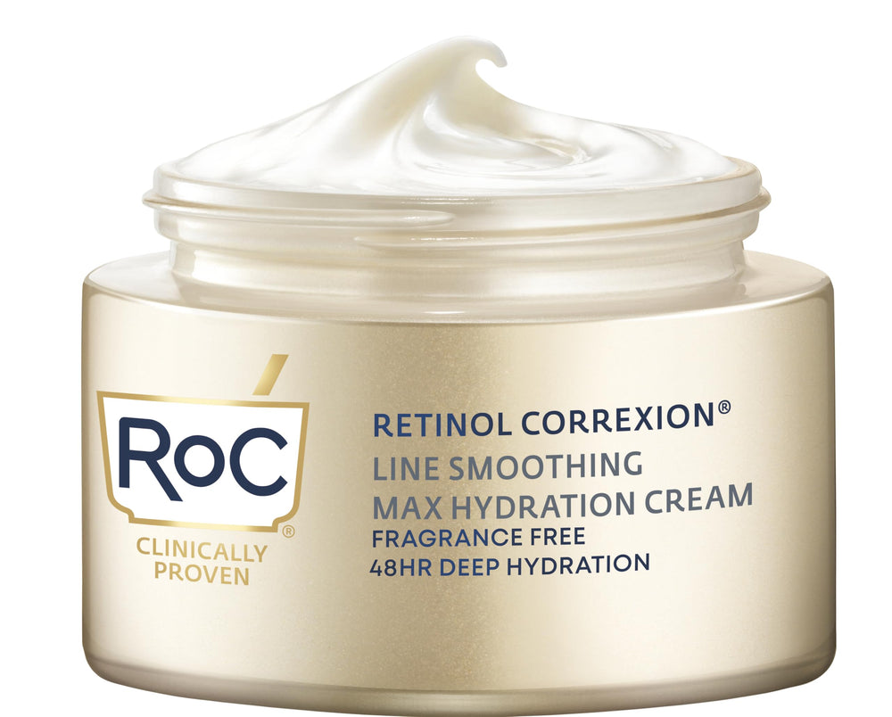 RoC Retinol Correxion Max Hydration cream jar demonstrating fragrance-free hydration for dry skin