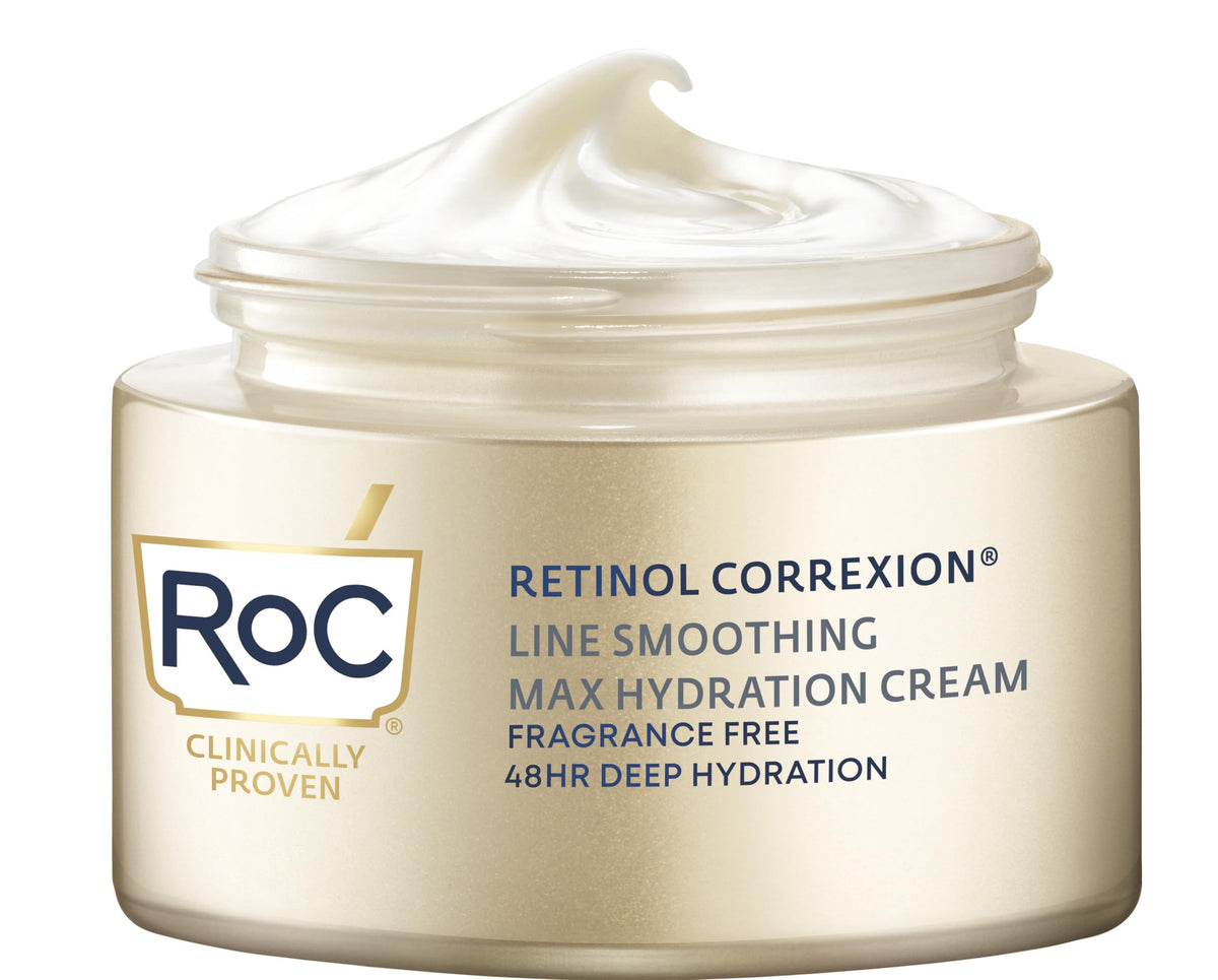 RoC Retinol Correxion Max Hydration cream jar demonstrating fragrance-free hydration for dry skin