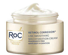 RoC Retinol Correxion Max Hydration cream jar demonstrating fragrance-free hydration for dry skin