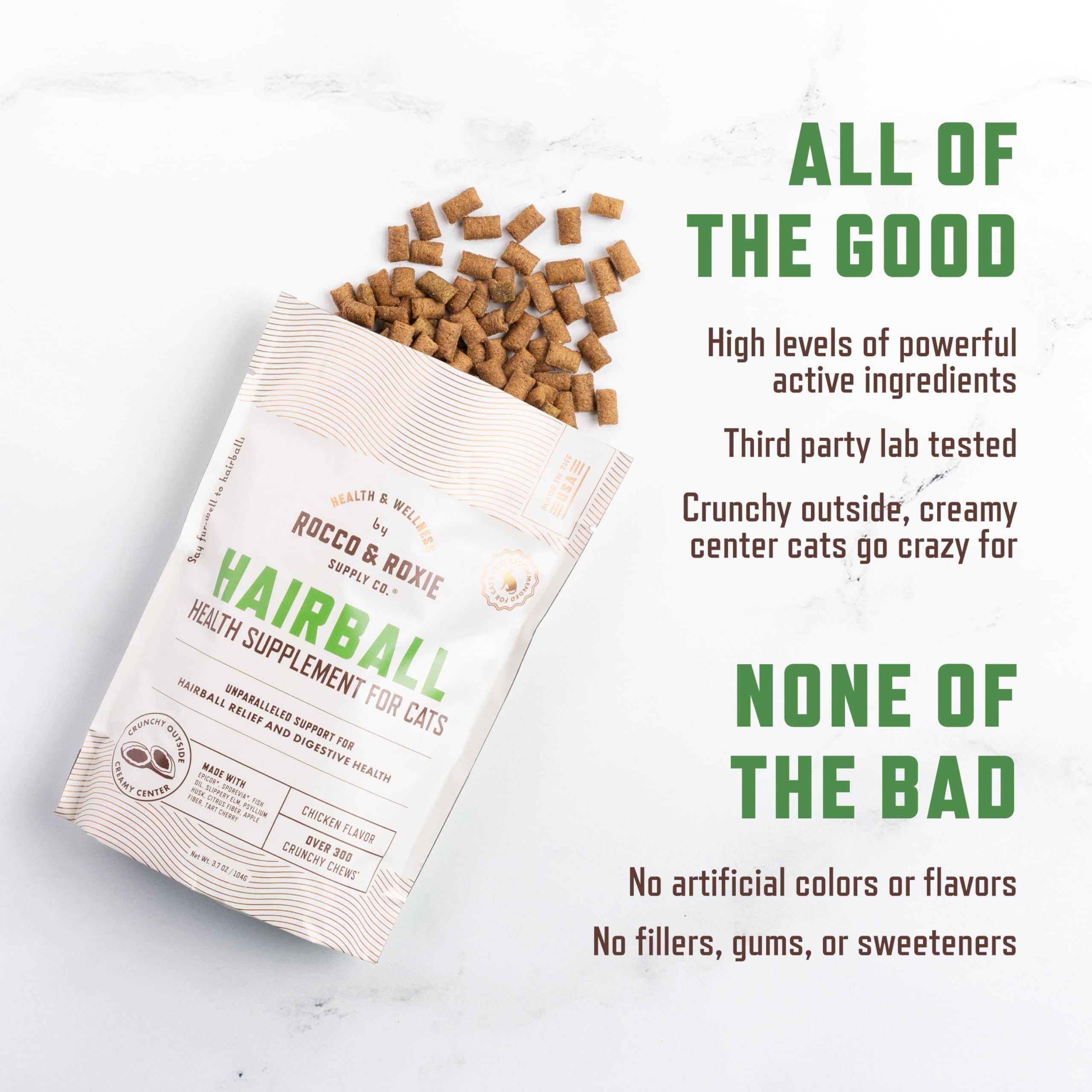 Rocco & Roxie hairball treats bag open, convenient single-serve chews ready to serve.