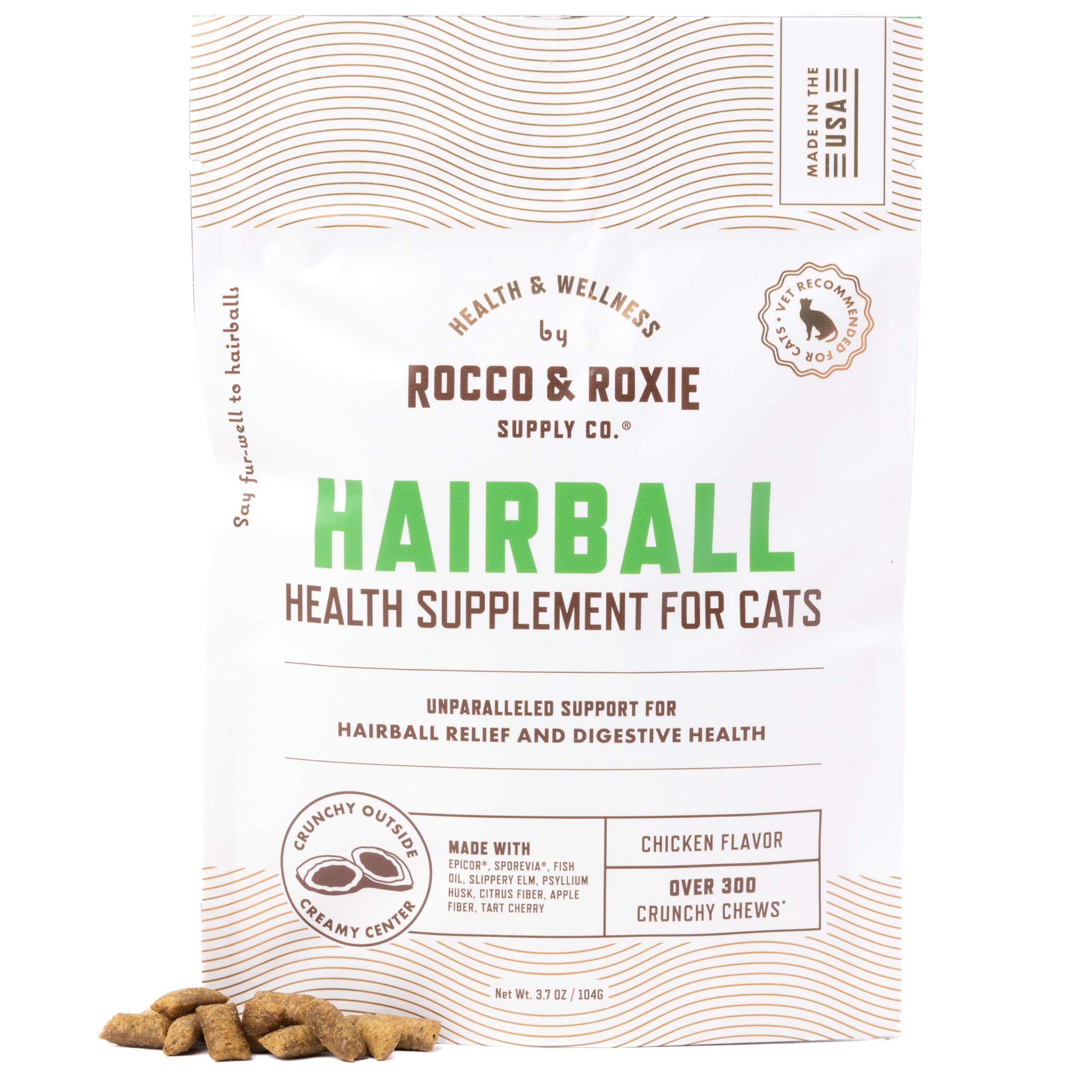 Rocco & Roxie hairball treats package view, an appealing cat snack for hairball care.