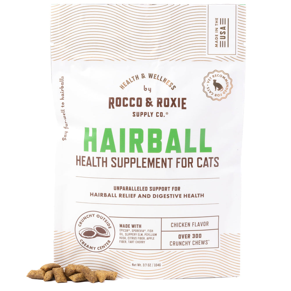 Rocco & Roxie hairball treats package view, an appealing cat snack for hairball care.