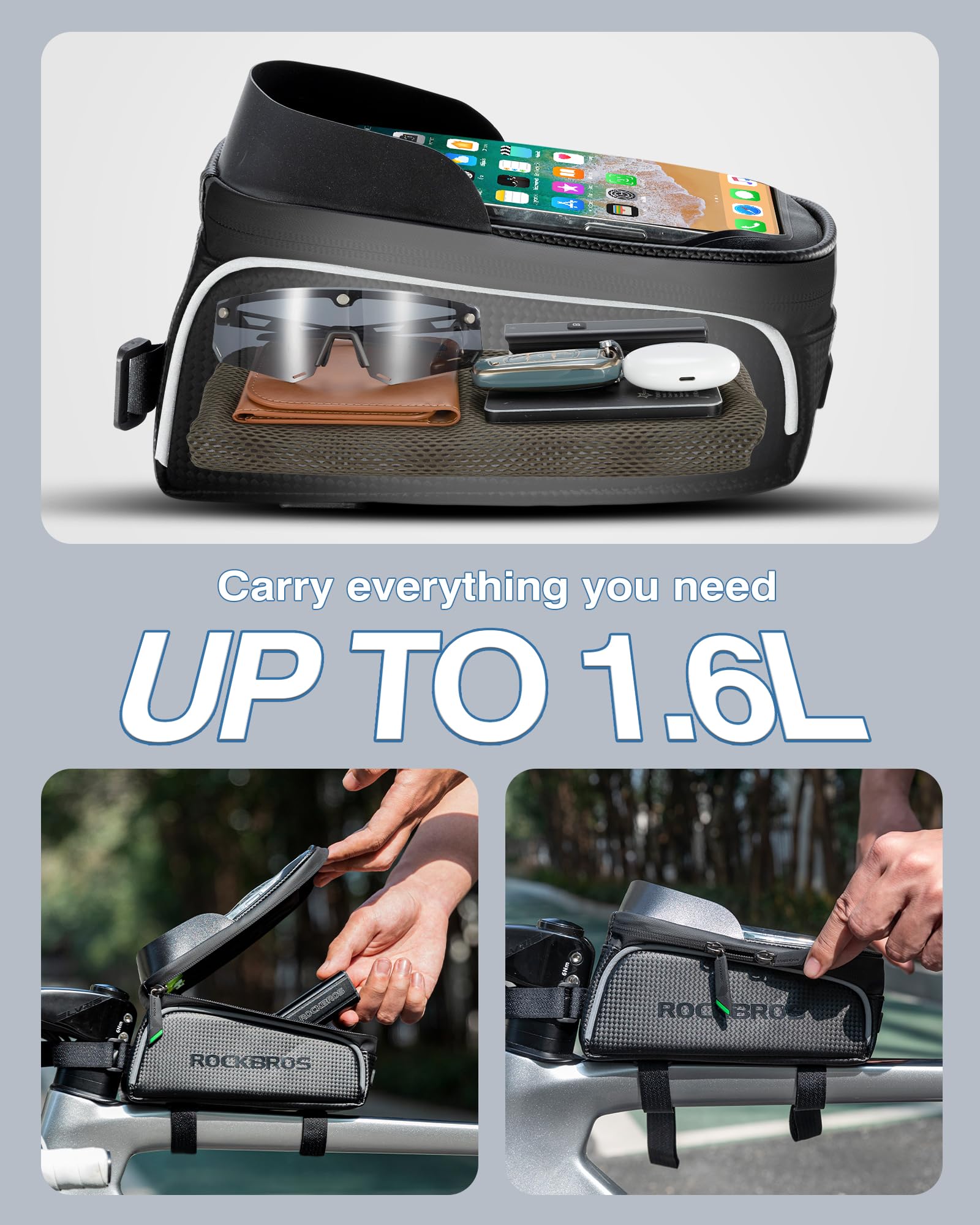 ROCKBROS bike front frame bag carbon fabric is durable and water resistant for daily commutes.