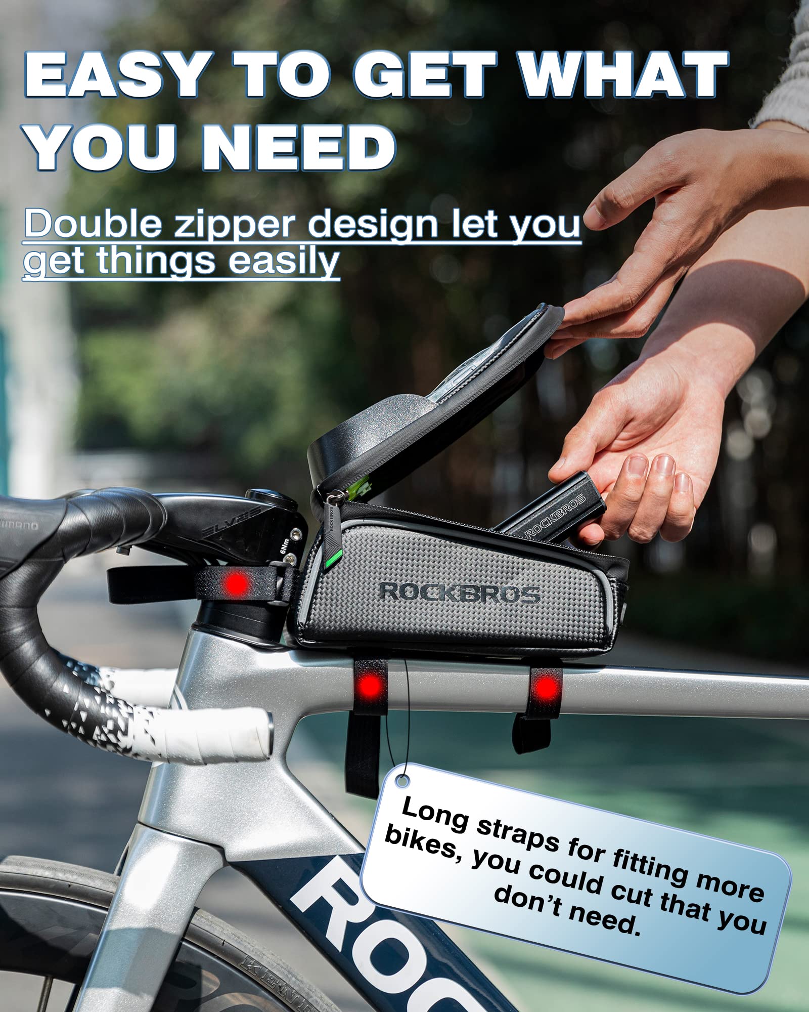 ROCKBROS bike front frame bag quick-release straps secure mounting on most frames.