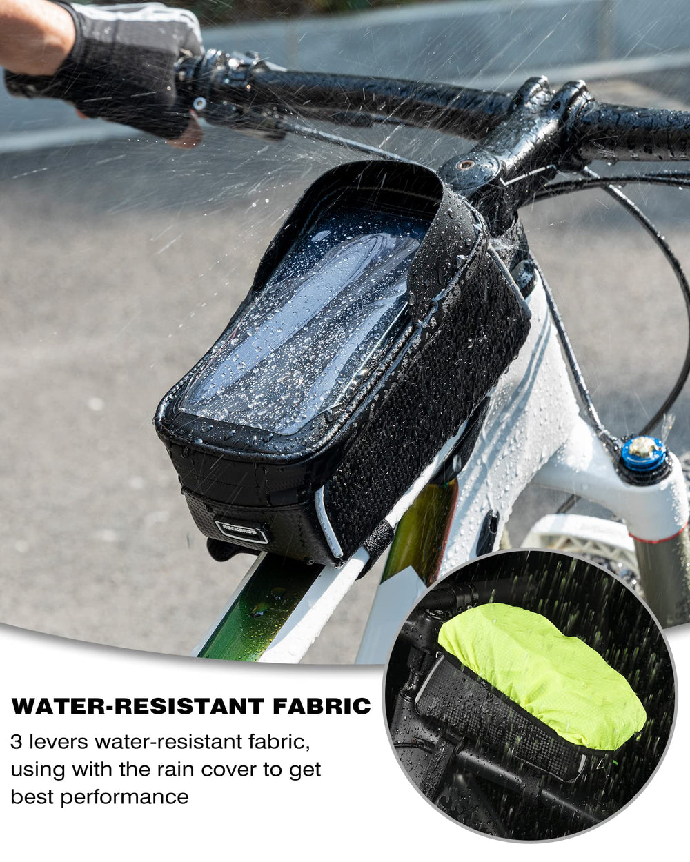 ROCKBROS bike front frame bag reflective tapes highlight night safety during rides.