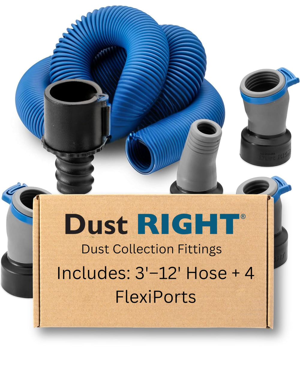 Rockler Dust Right Flexiport hose extended reach for wide workshop coverage.