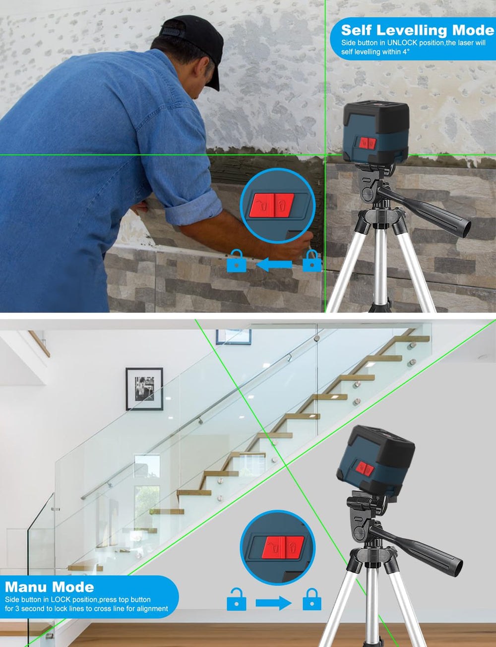 RockSeed Laser Level 360-degree rotation enables versatile line placement.