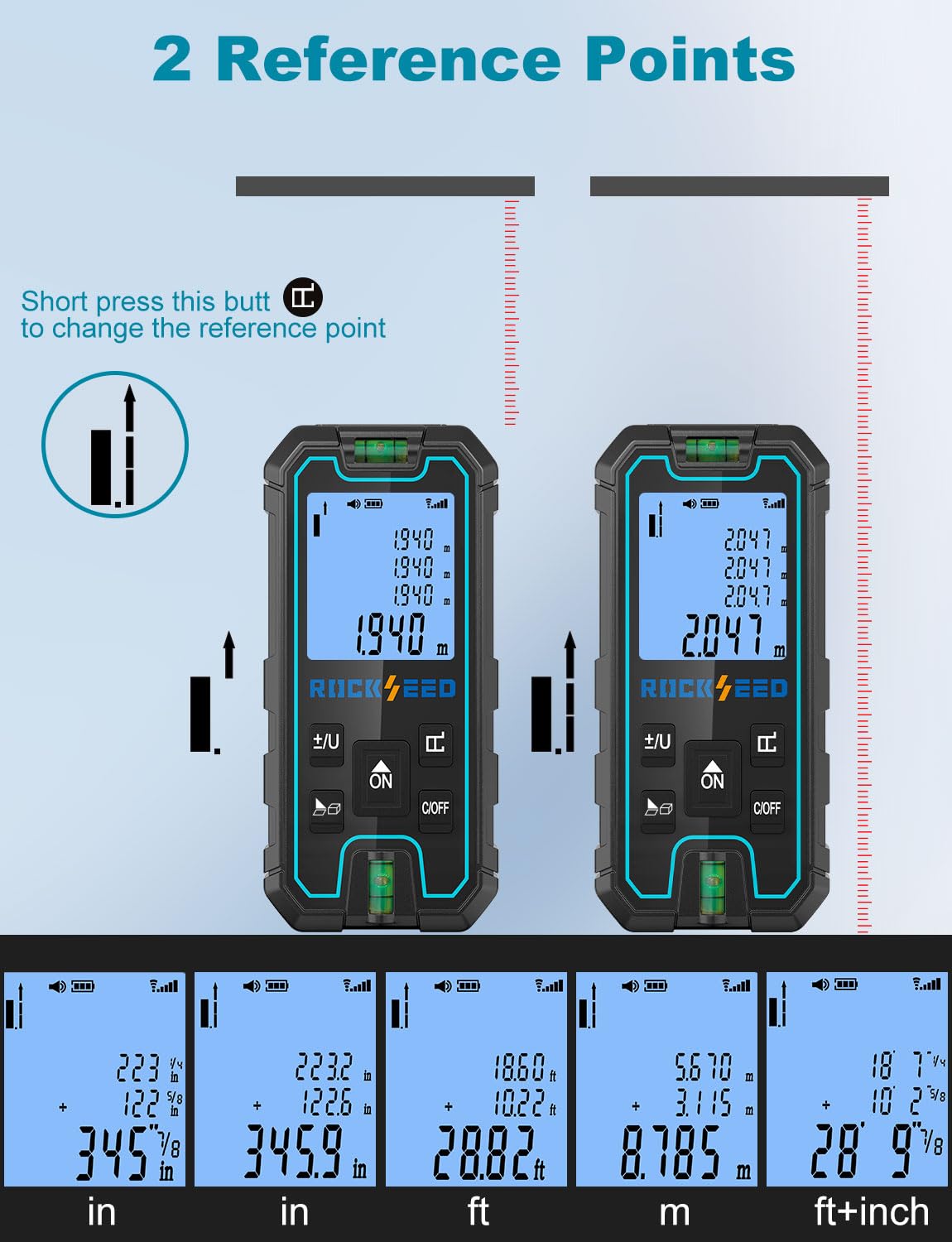 RockSeed Laser Measure 165 ft range visual showing long-distance capability