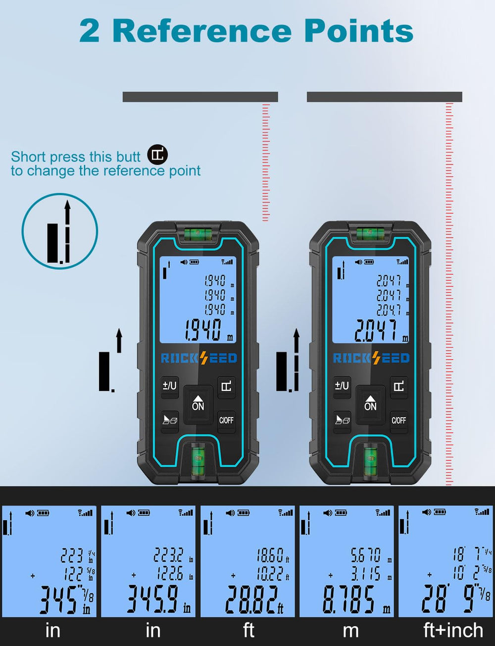 RockSeed Laser Measure 165 ft range visual showing long-distance capability