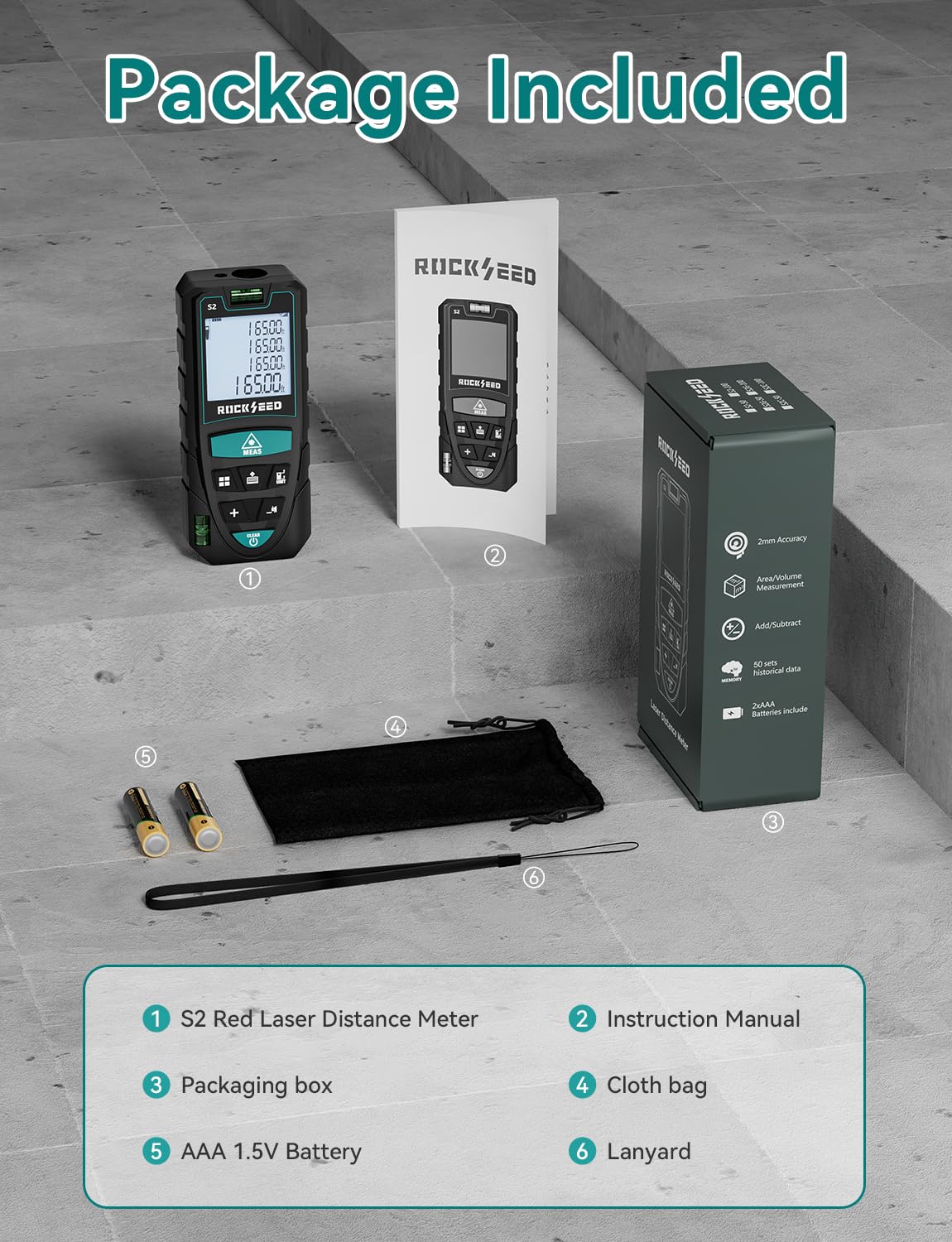 RockSeed measuring kit includes batteries and strap for ready use.