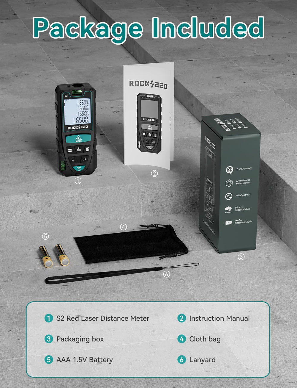 RockSeed measuring kit includes batteries and strap for ready use.