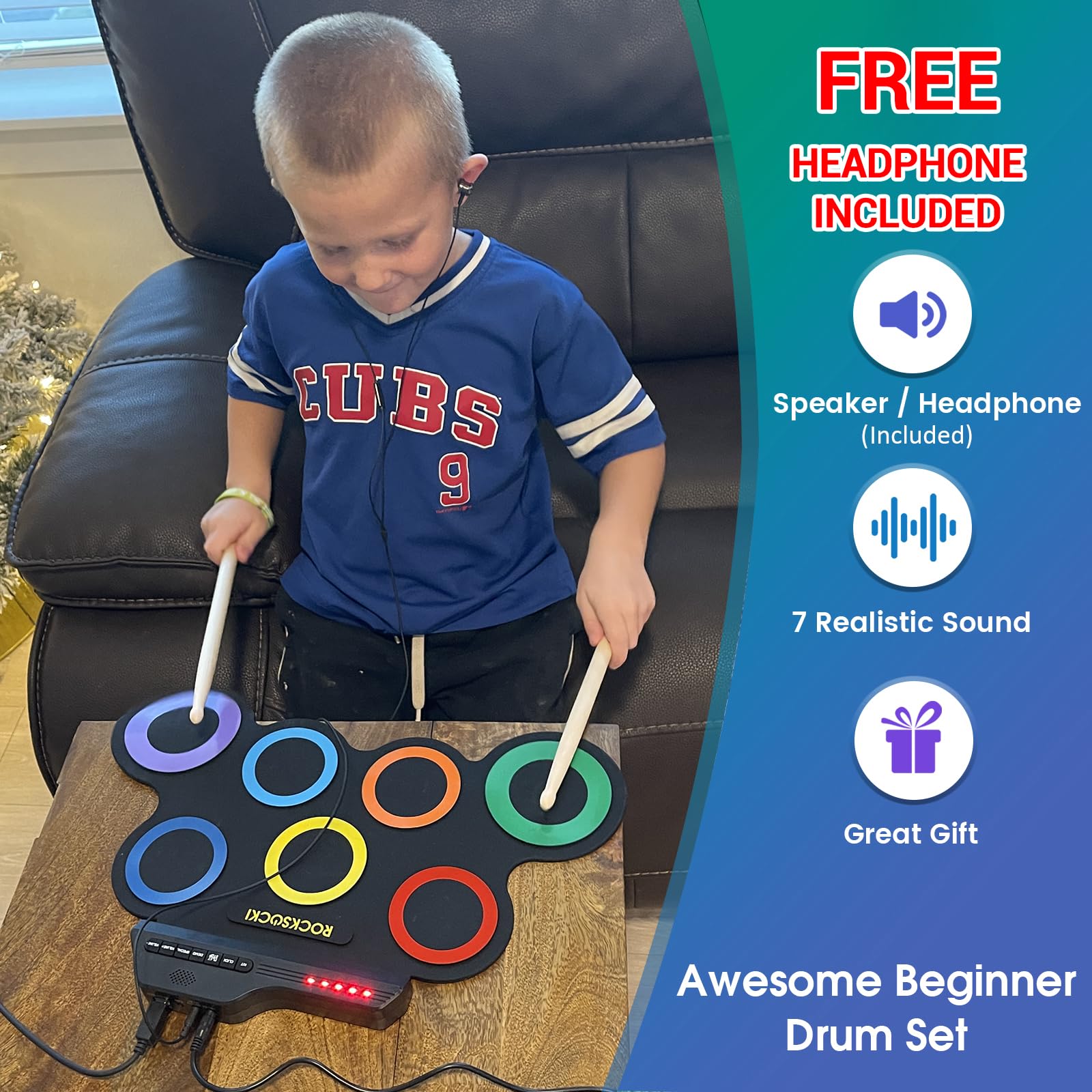 ROCKSOCKI kids drum with hi-hat and snare layout for flexible rhythms.