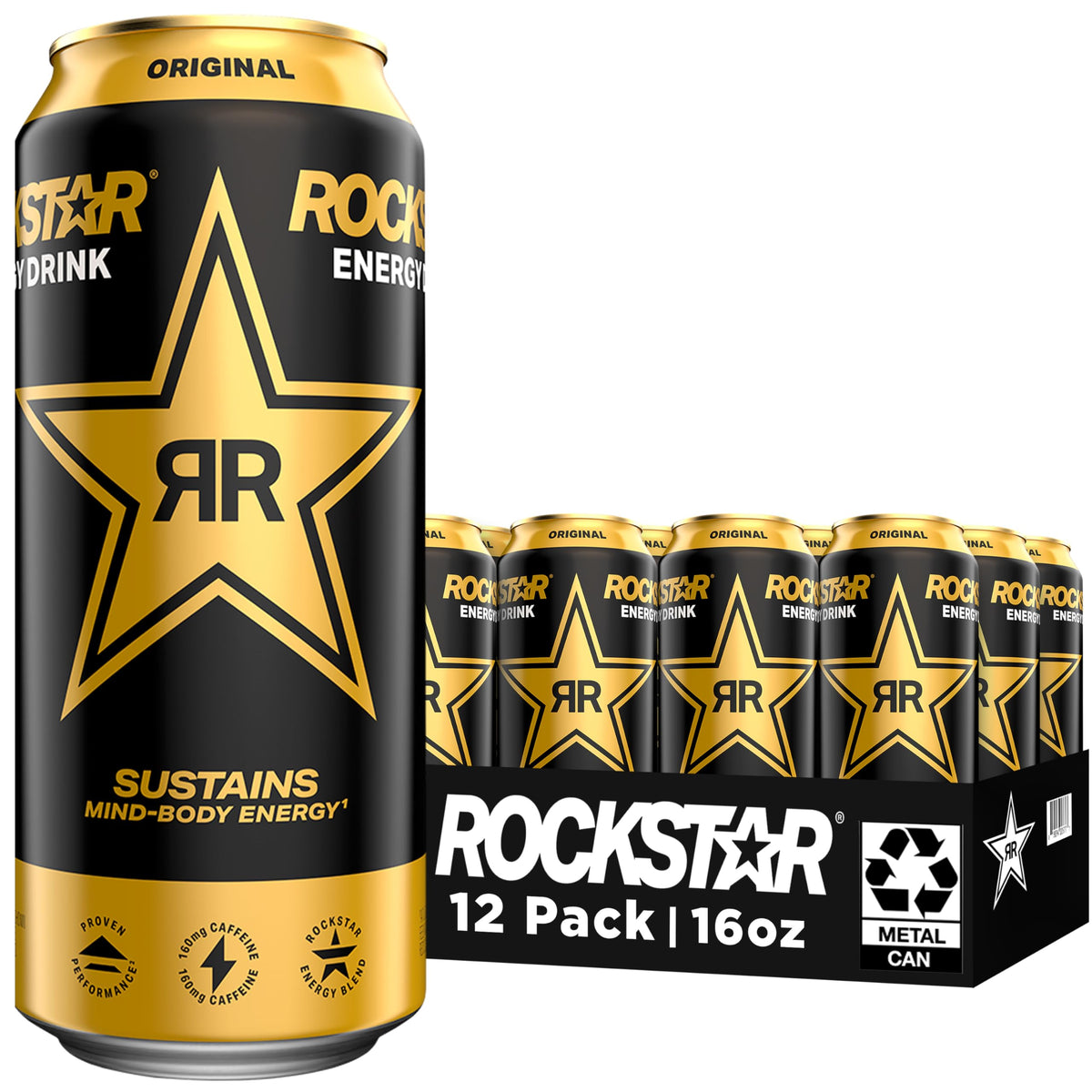 Rockstar Original Energy 16oz can with bold branding for sustained activity.