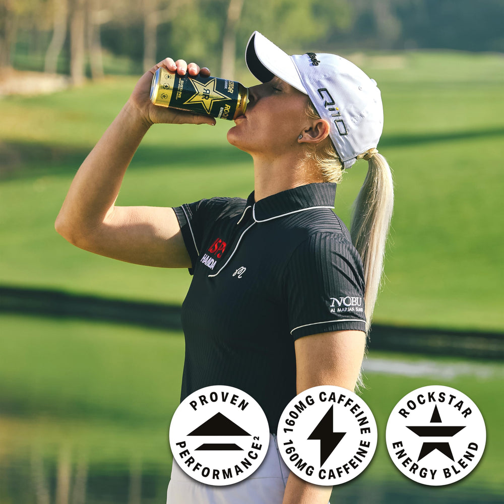 Side label of Rockstar Original Energy highlights ingredients and caffeine content.