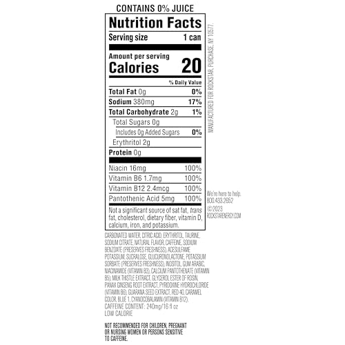 Rockstar Pure Zero Fruit Punch label close-up highlights zero sugar and bold tropical flavor.