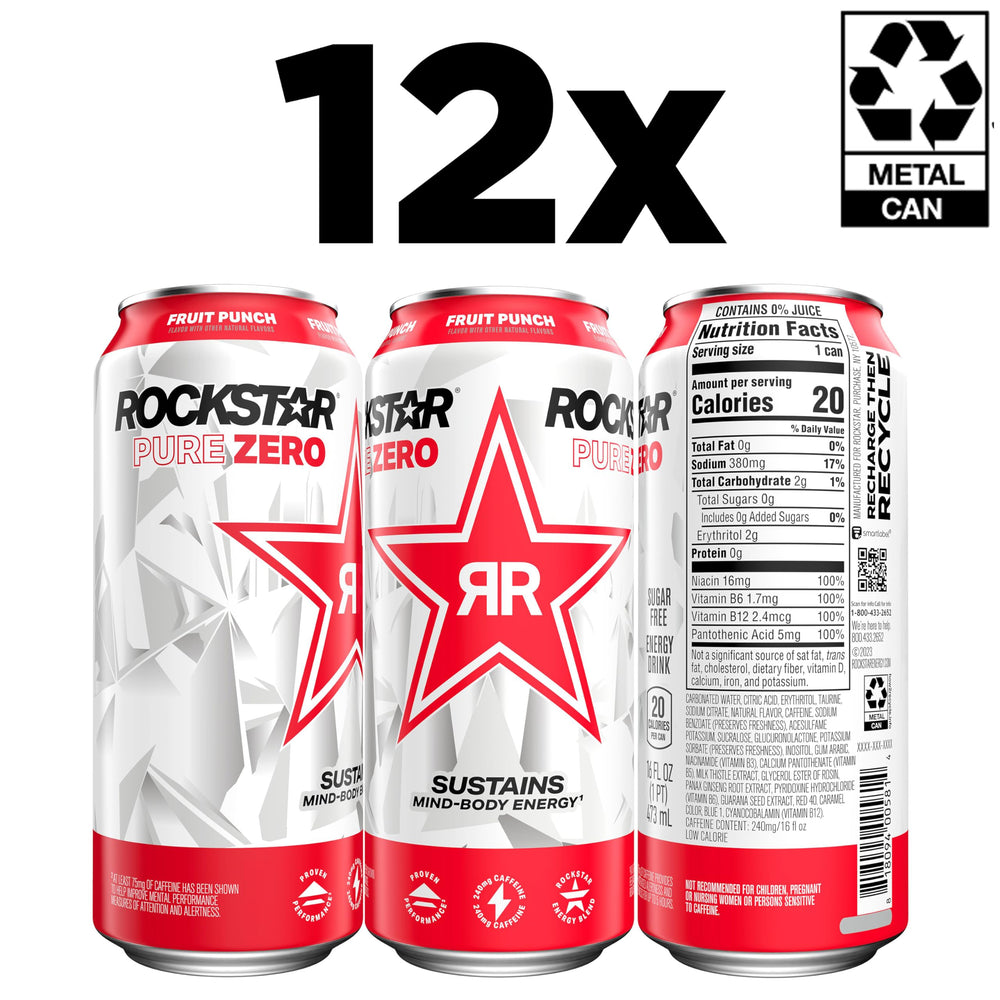 Rockstar Pure Zero Fruit Punch can tilted to emphasize on-the-go caffeine boost during workouts or study.