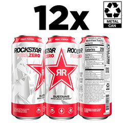 Rockstar Pure Zero Fruit Punch can tilted to emphasize on-the-go caffeine boost during workouts or study.