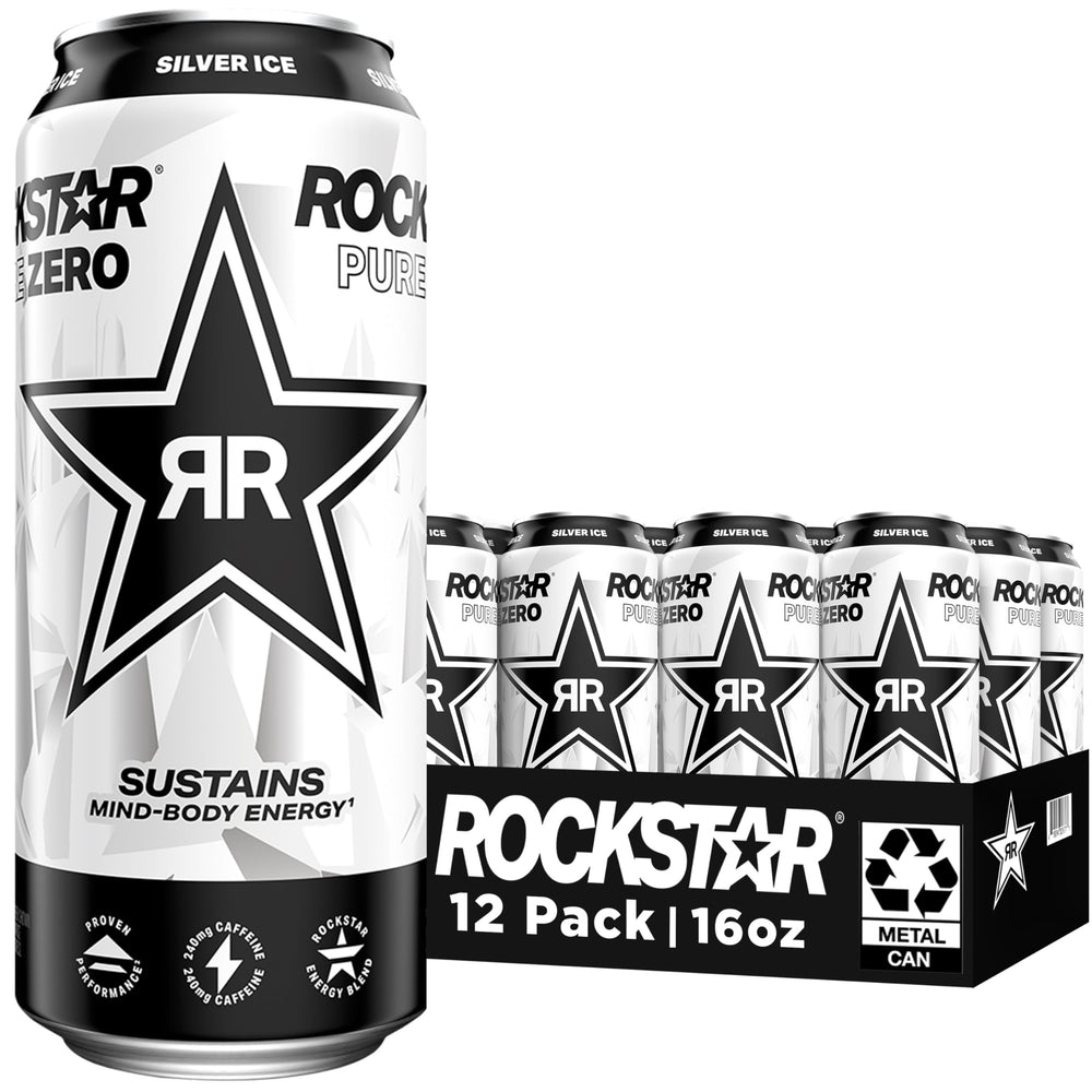 Rockstar Pure Zero Silver Ice can front view highlighting zero sugar energy