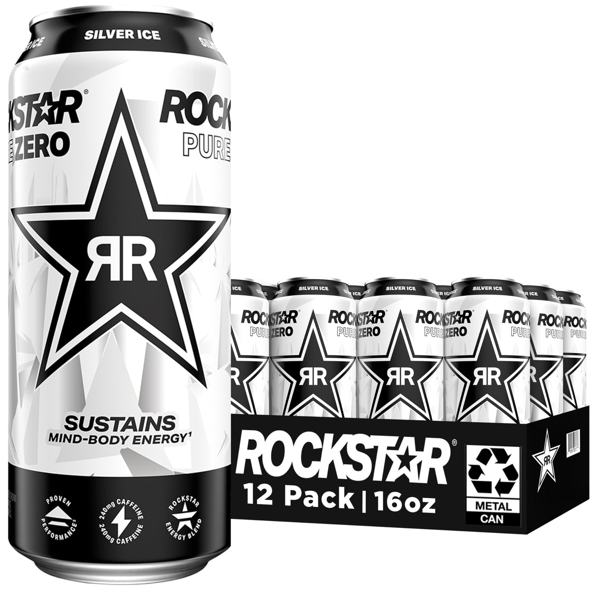 Rockstar Pure Zero Silver Ice can front view highlighting zero sugar energy