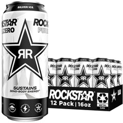 Rockstar Pure Zero Silver Ice can front view highlighting zero sugar energy