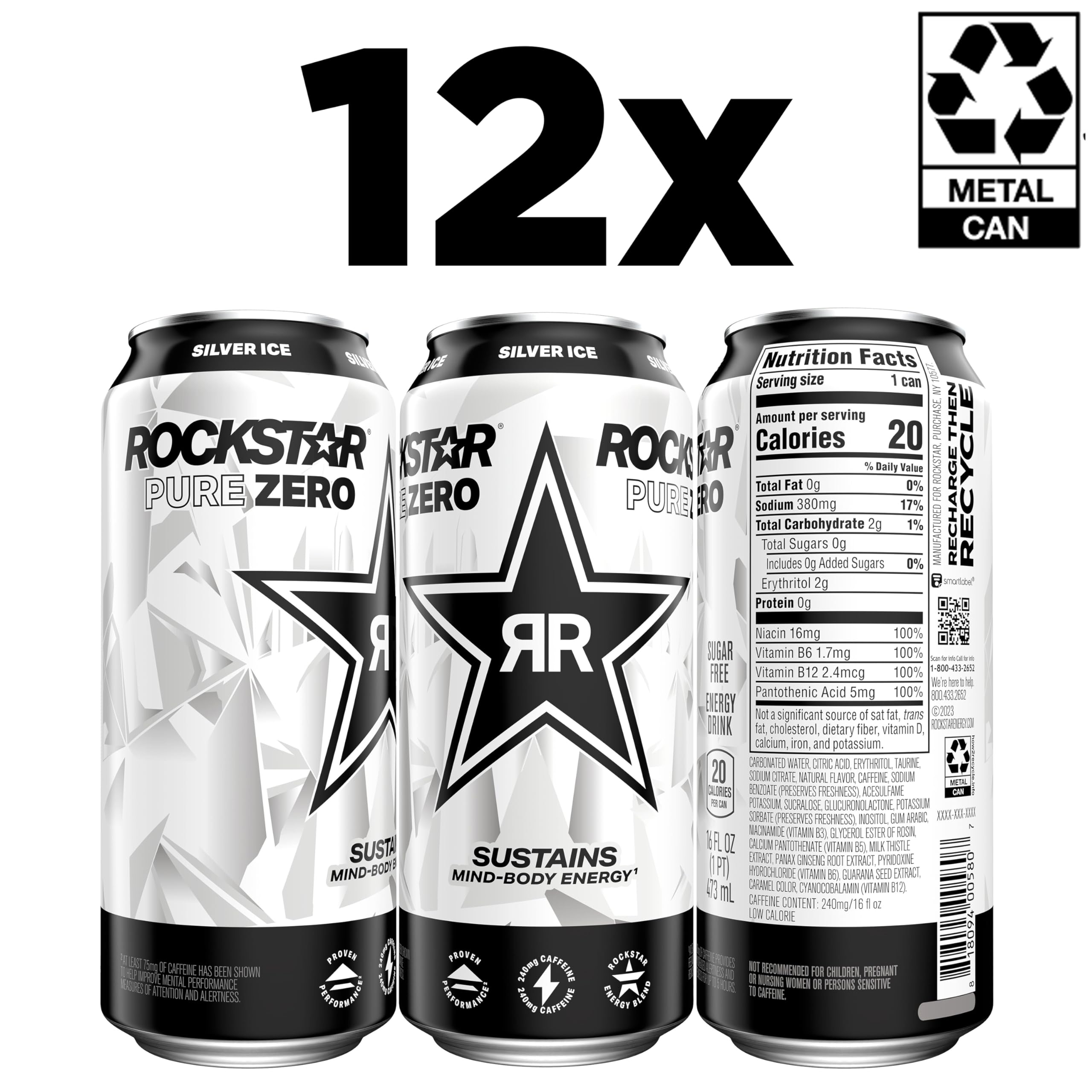 Rockstar Pure Zero Silver Ice label close-up showing caffeine and taurine info