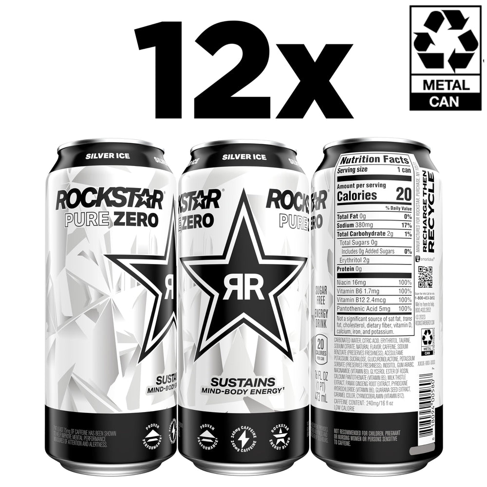Rockstar Pure Zero Silver Ice label close-up showing caffeine and taurine info