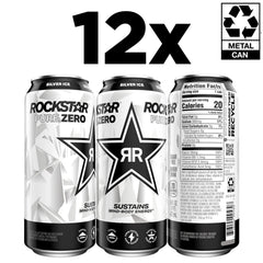 Rockstar Pure Zero Silver Ice label close-up showing caffeine and taurine info