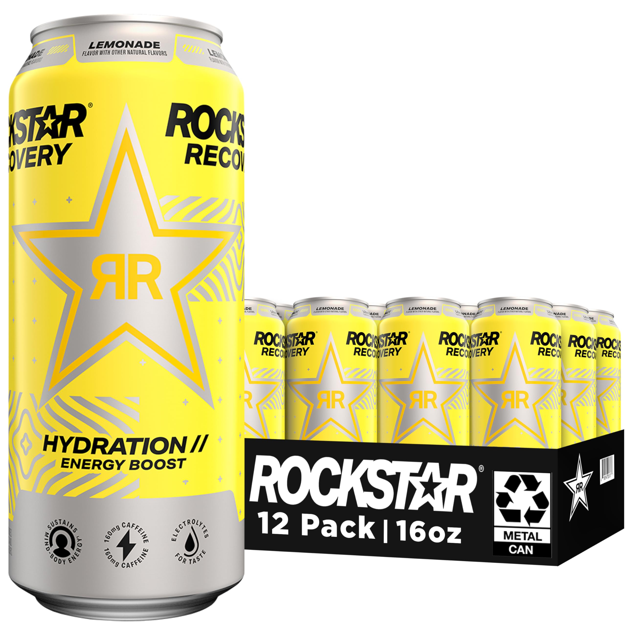 Rockstar Recovery Lemonade can in 12-pack display highlighting hydration from electrolytes.