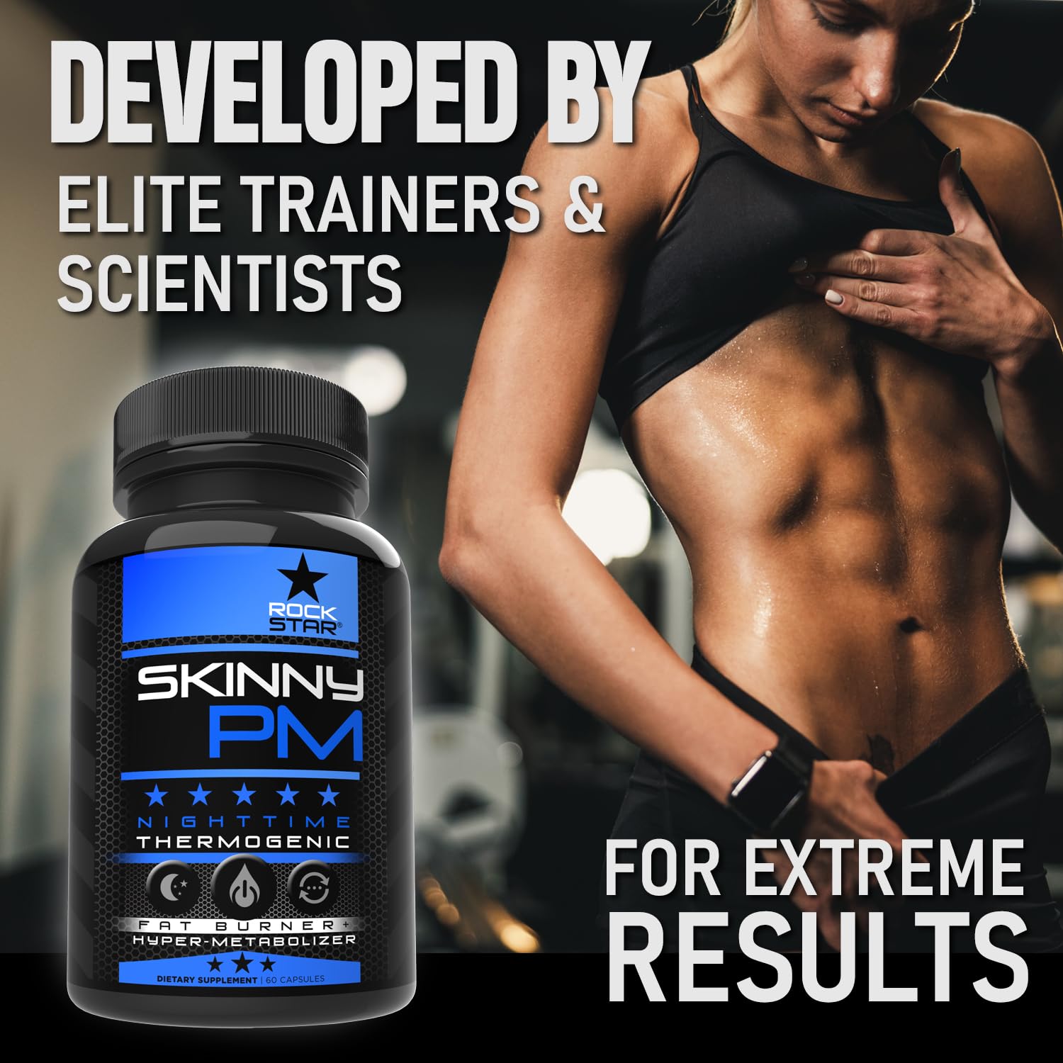 Rockstar Skinny PM bottle pictured with a scale for weight management imagery.