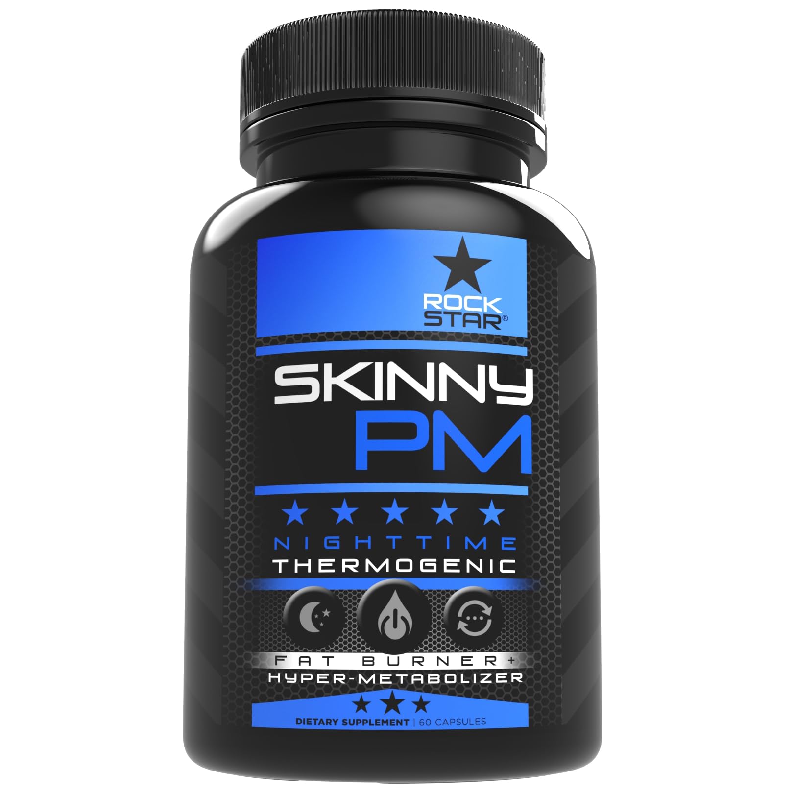 Rockstar Skinny PM bottle overview highlighting nighttime fat-burner potential.