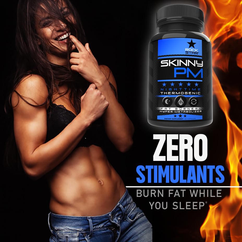 Rockstar Skinny PM nighttime thermogenesis concept with clock and night scene.