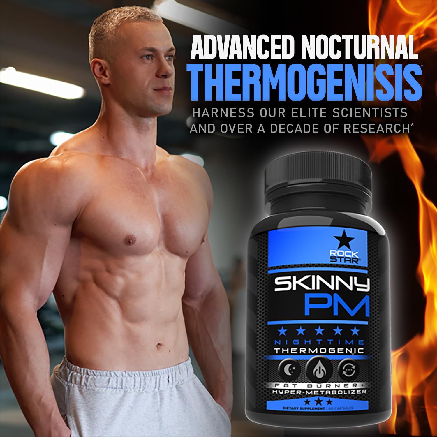 Rockstar Skinny PM product shot emphasizes sleep-friendly, non-stimulant design.