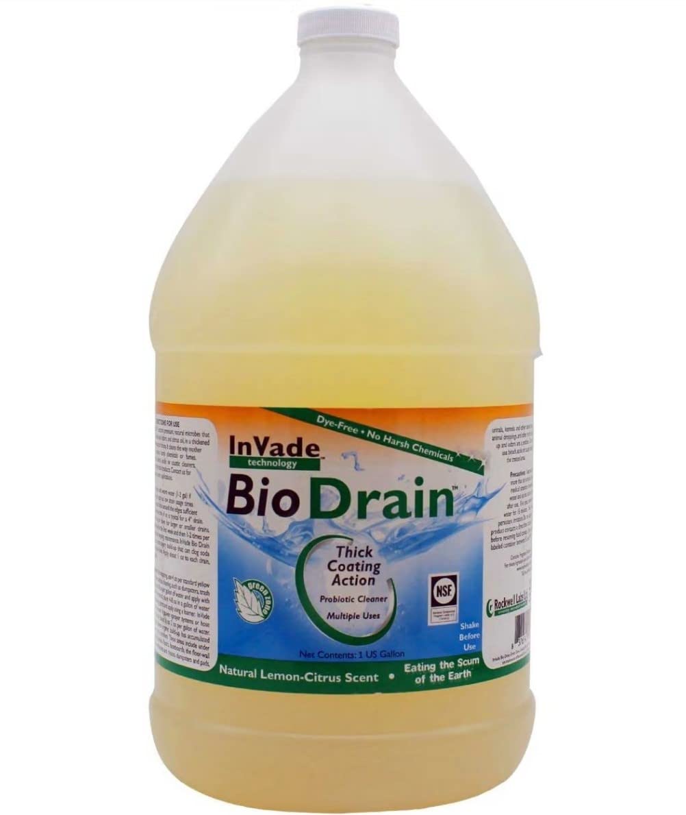 Rockwell Labs InVade Bio Drain bottle being poured to support drain maintenance