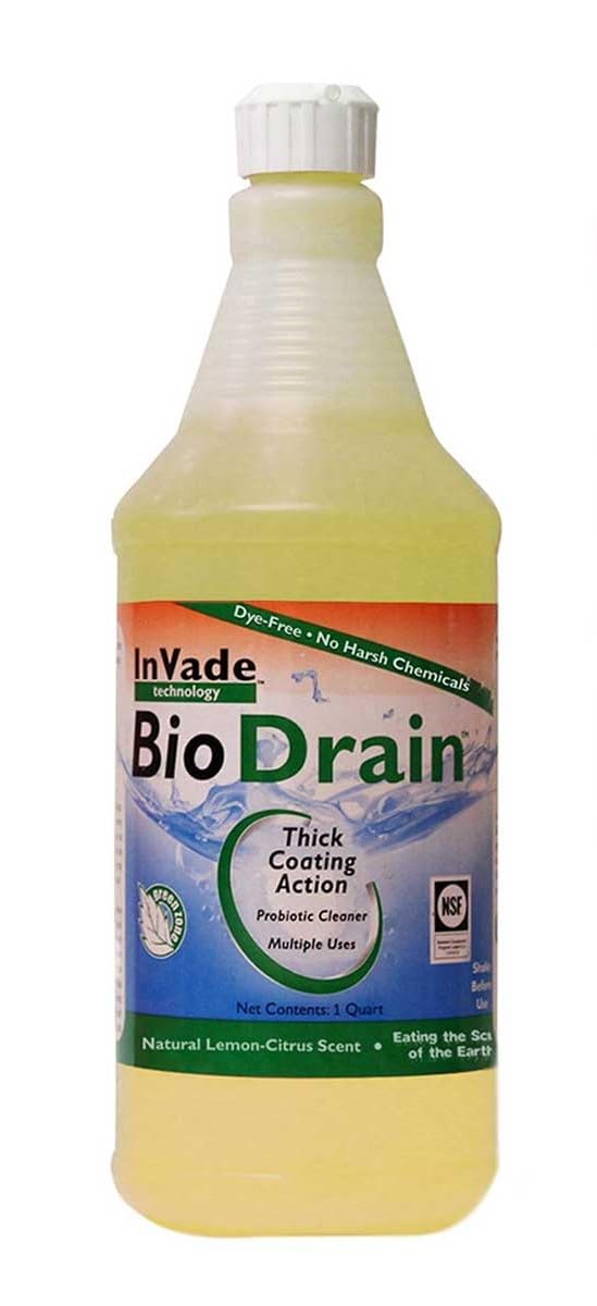 Rockwell Labs Invade Bio Drain Gel bottle pour; citrus-scented cleaner for drains and odor reduction.