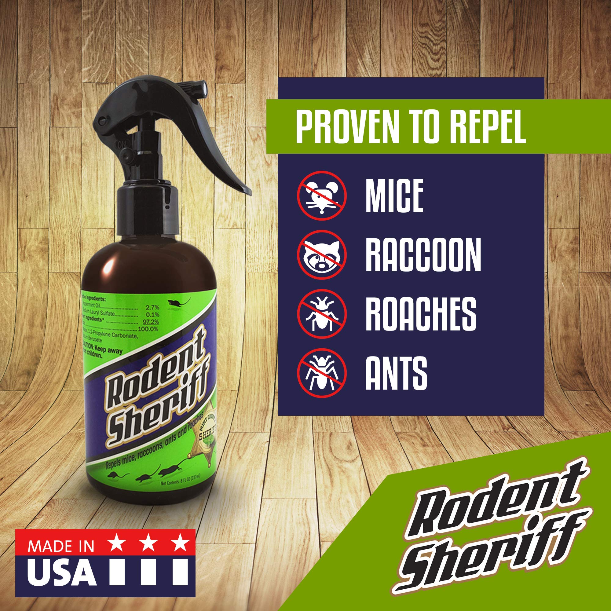 Rodent Sheriff spray mist shown for home pest deterrence.
