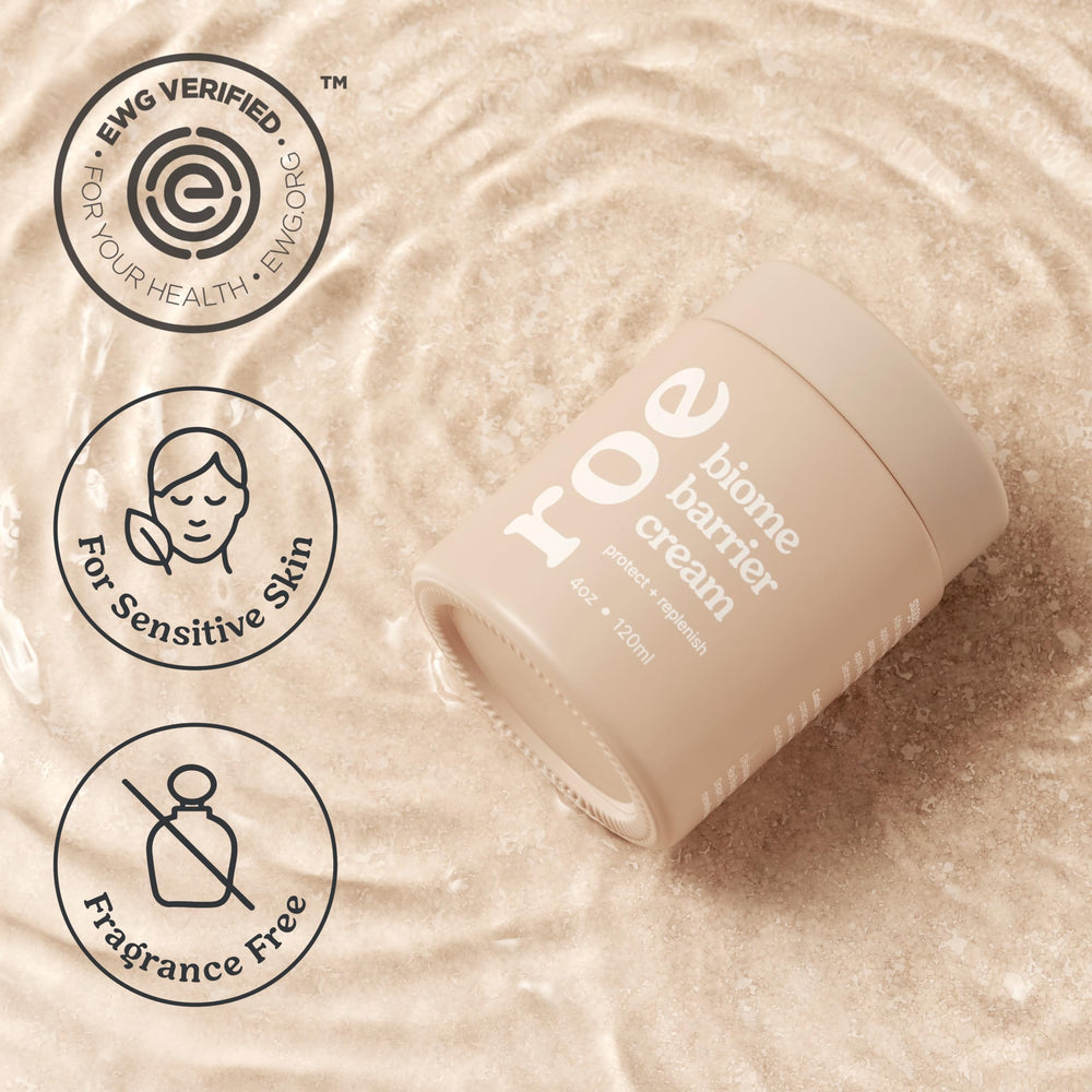 Roe Wellness full-body biome barrier jar highlights a protective, skin-supporting formula for all-over care.