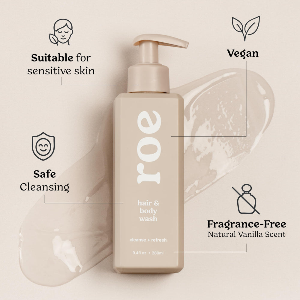 Roe Wellness travel-size bottle fits in diaper bag for on-the-go cleansing.