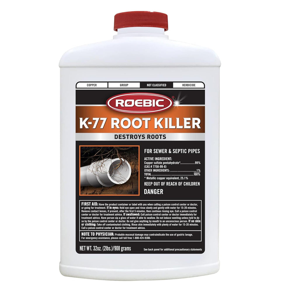 Roebic K-77 root killer bottle ready for home use to protect against clogs.